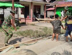 Satgas TMMD Reguler Ke-129 Dibantu Anak-Anak Desa Tempapan Hulu Bongkar Mal Rabat Beton